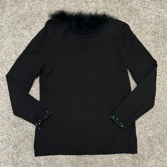 Vintage Jack B Quick Christmas Sweater Faux Fur Collar Women Small Tree Beaded - Picture 10 of 10